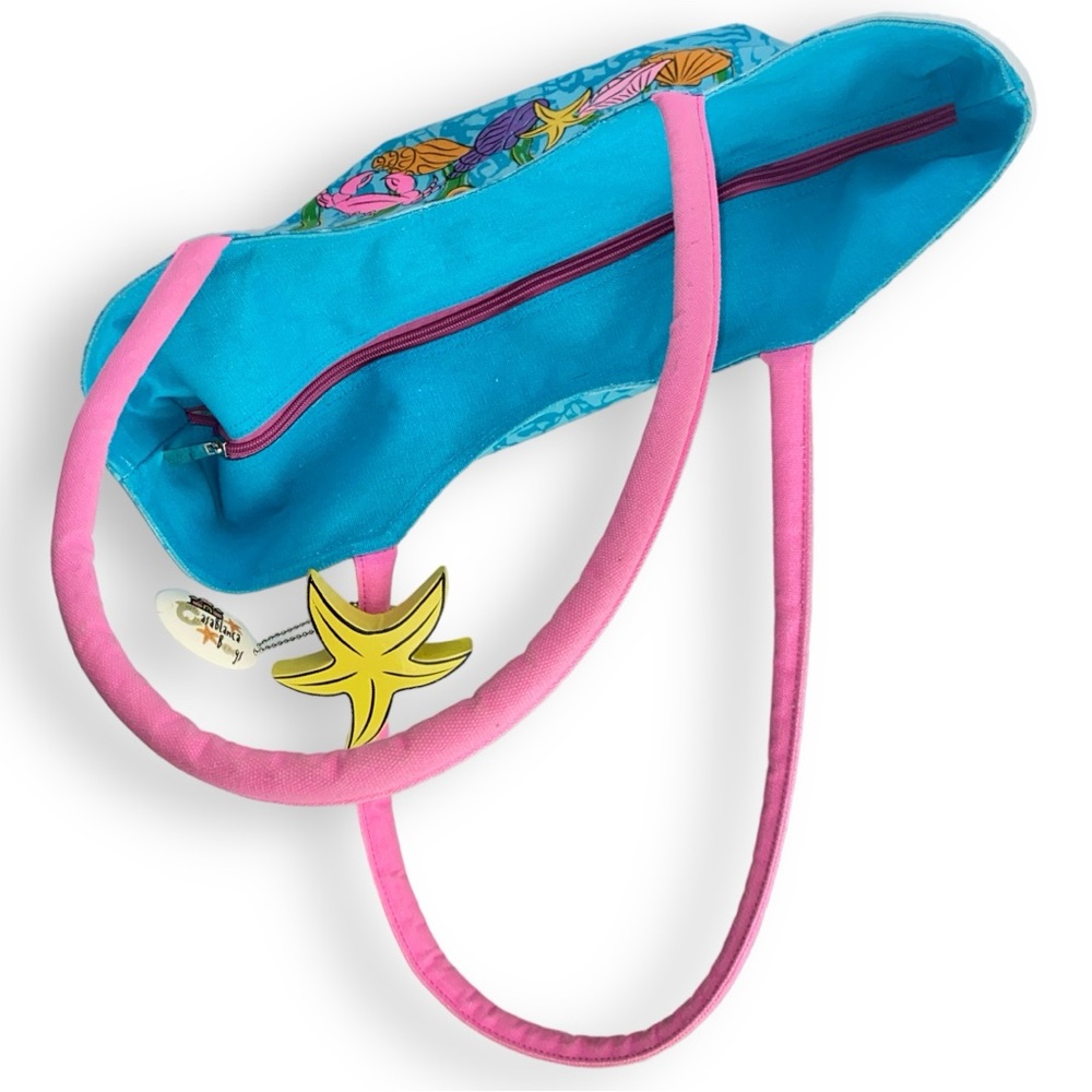 100% Cotton Bright Tropical Tote Beach Bag with Sequins Beads and Zipper Closure